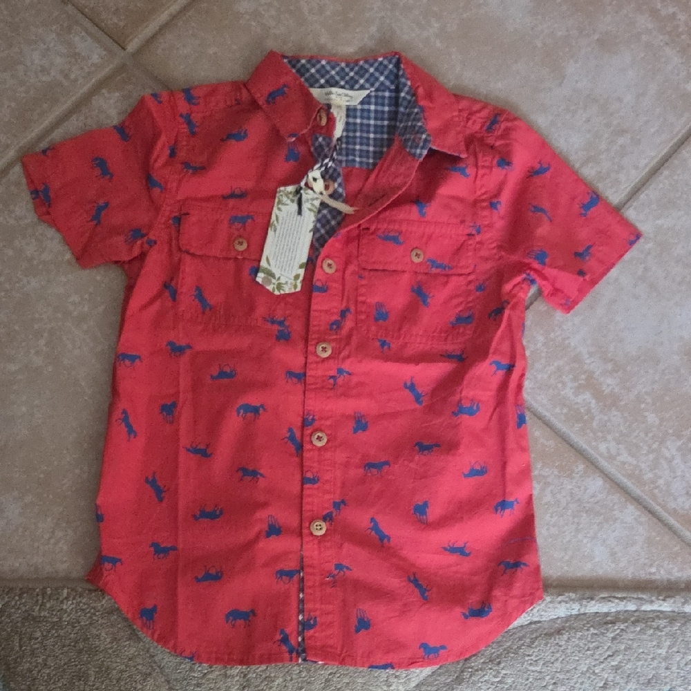 Matilda Jane Red Button Down Shirt with Blue Animal Print